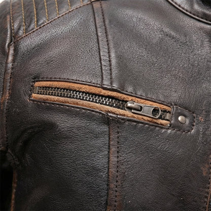 Electra women's leather motorcycle jacket front view showing distressed brown leather, contrast tan piping, and mandarin collar.