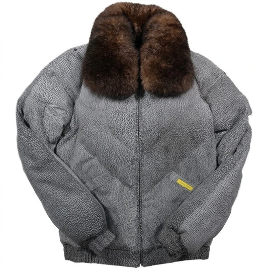 Elephant Print V-Bomber Leather Jacket with removable brown fur collar 