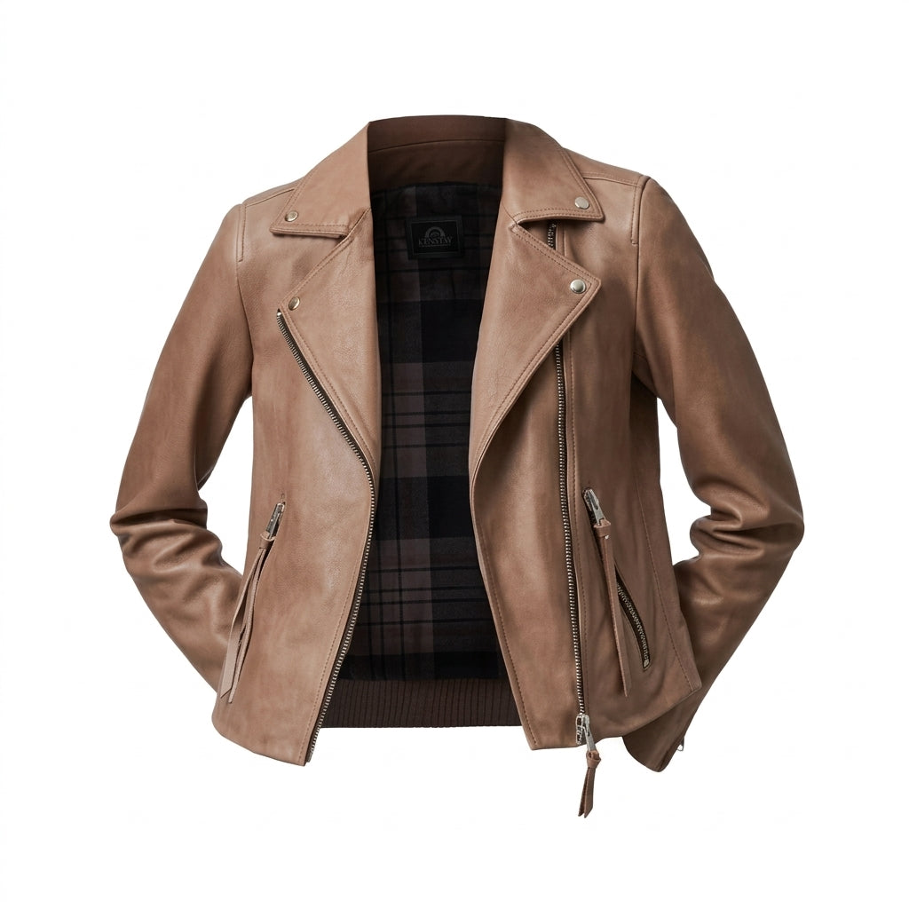 Emily women's tan leather motorcycle jacket front view showing asymmetrical zipper and plaid inner lining.