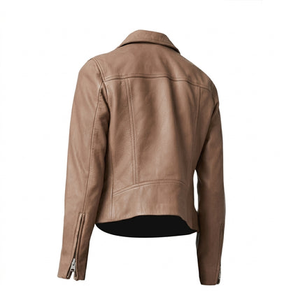 Emily women's tan leather motorcycle jacket front view showing asymmetrical zipper and plaid inner lining.