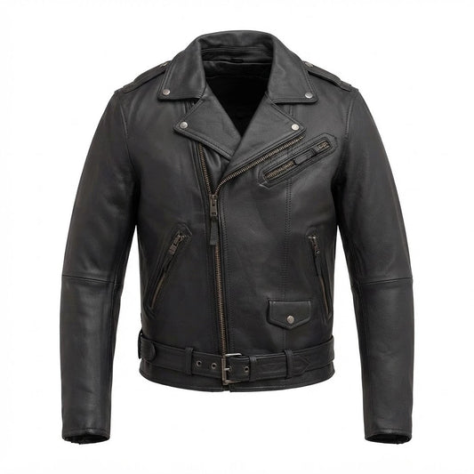 Enforcer Men’s Motorcycle Leather Jacket front view in classic black featuring asymmetric zipper, lapels, and belted waist