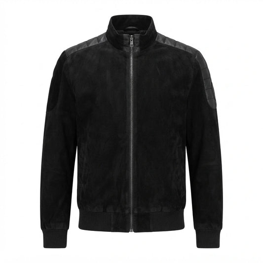 Ethan Hybrid Suede Bomber Jacket front view featuring genuine black suede, smooth leather quilted shoulder panels, stand collar, and full dual-zip front   