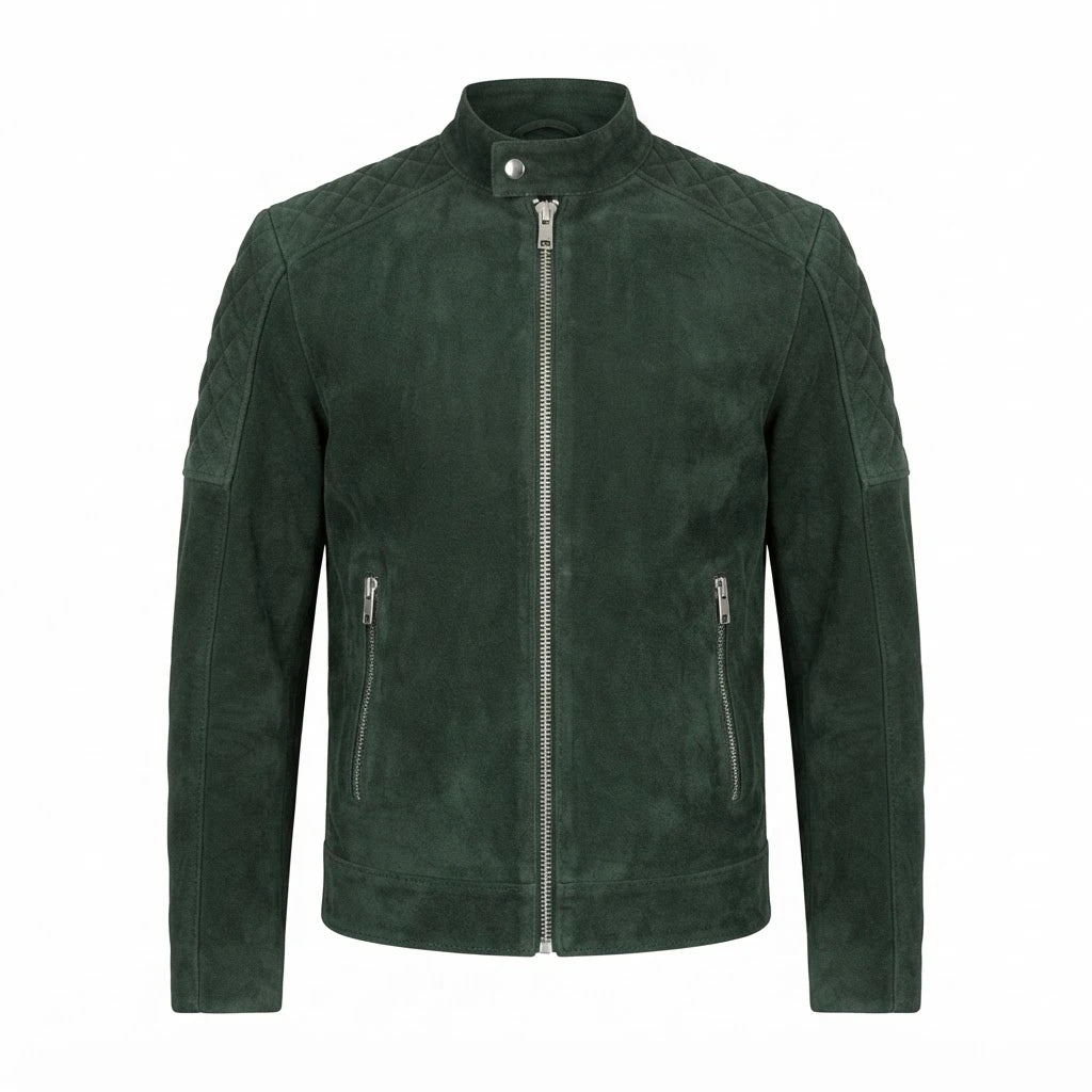 Fernando Quilted Green Suede Biker Jacket front view featuring genuine green suede, diamond-quilted shoulders, stand collar, and zipped pockets   