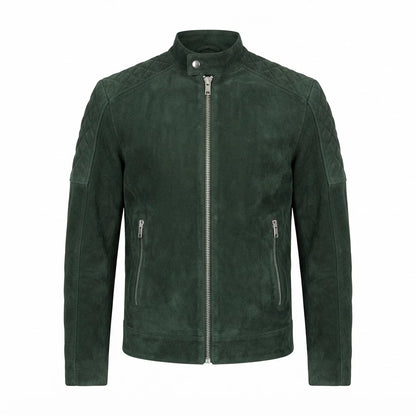 Fernando Quilted Green Suede Biker Jacket front view featuring genuine green suede, diamond-quilted shoulders, stand collar, and zipped pockets   