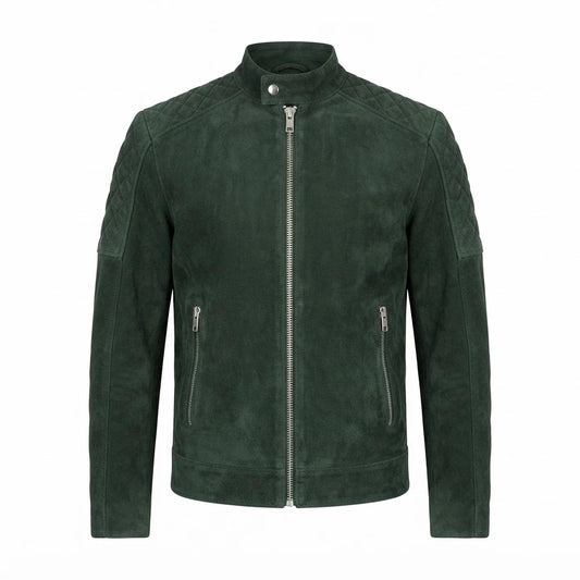 Fernando Quilted Green Suede Biker Jacket front view featuring genuine green suede, diamond-quilted shoulders, stand collar, and zipped pockets   