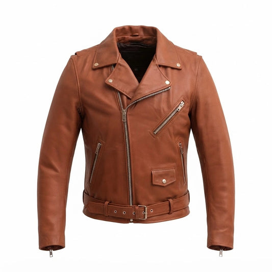 Fillmore Men’s Motorcycle Leather Jacket front view in rich brown featuring asymmetric zipper, lapels, and belted waist