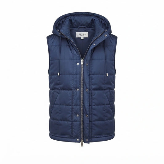 Funston Men’s Blue Hooded Leather Puffer Vest front view featuring rich navy blue insulated quilting, protective hood, and zip-front closure