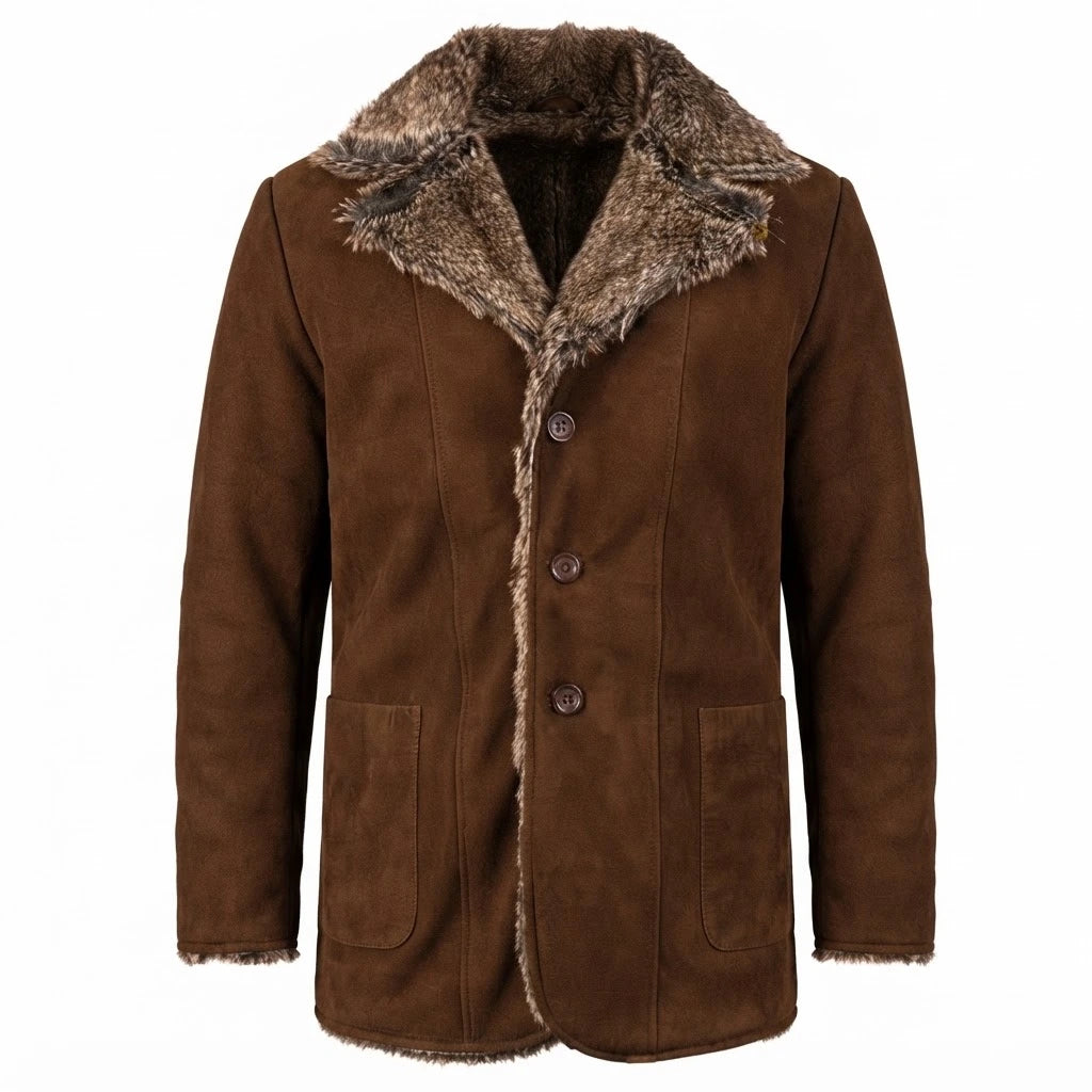 Furlong Brown Suede Leather Coat front view featuring genuine brown suede, plush faux fur lapel, front buttons, and patch pockets