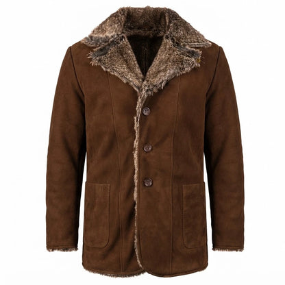 Furlong Brown Suede Leather Coat front view featuring genuine brown suede, plush faux fur lapel, front buttons, and patch pockets