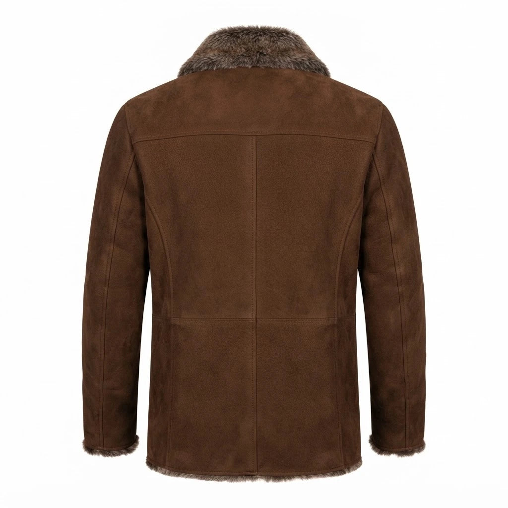 Furlong Brown Suede Leather Coat front view featuring genuine brown suede, plush faux fur lapel, front buttons, and patch pockets