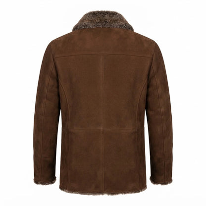 Furlong Brown Suede Leather Coat front view featuring genuine brown suede, plush faux fur lapel, front buttons, and patch pockets