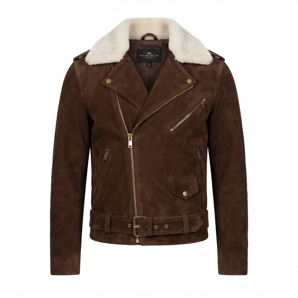 Furton Mocha Suede Biker Jacket front view featuring genuine mocha brown suede, contrast white shearling collar, asymmetrical zipper, and waist belt   