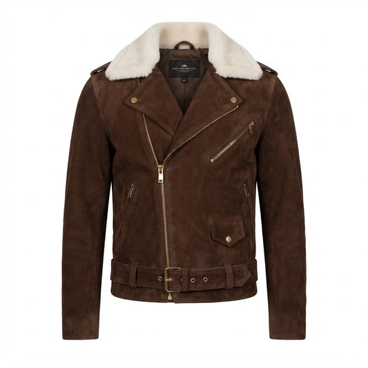 Furton Mocha Suede Biker Jacket front view featuring genuine mocha brown suede, contrast white shearling collar, asymmetrical zipper, and waist belt   
