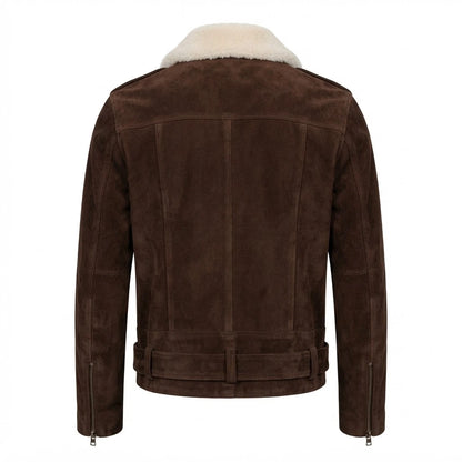 Furton Mocha Suede Biker Jacket front view featuring genuine mocha brown suede, contrast white shearling collar, asymmetrical zipper, and waist belt   