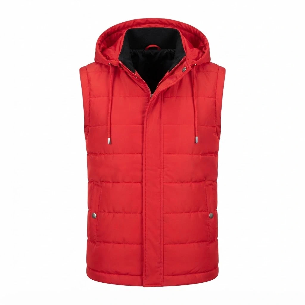 Fuston Red Hooded Puffer Vest front view featuring vibrant red insulated quilting, protective hood, and zip-front closure