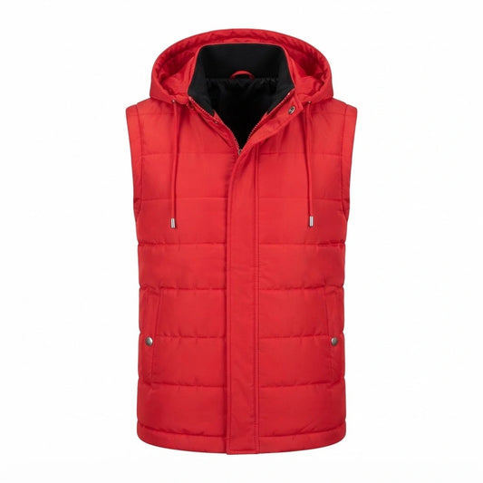 Fuston Red Hooded Puffer Vest front view featuring vibrant red insulated quilting, protective hood, and zip-front closure