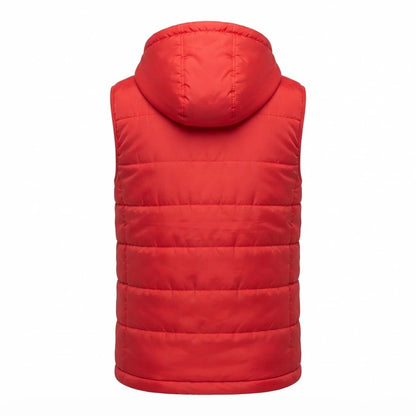Fuston Red Hooded Puffer Vest front view featuring vibrant red insulated quilting, protective hood, and zip-front closure