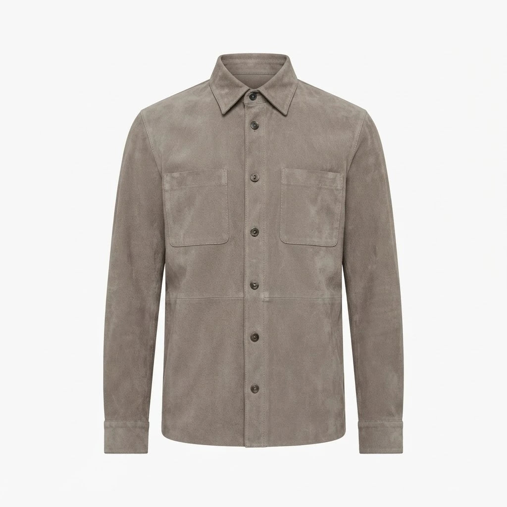 Haven Grey Suede Leather Shirt front view featuring genuine grey suede, point collar, front button placket, and dual chest patch pockets   