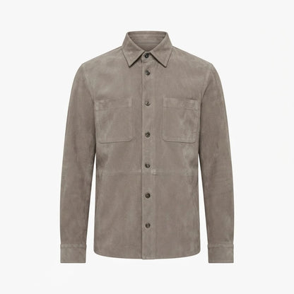 Haven Grey Suede Leather Shirt front view featuring genuine grey suede, point collar, front button placket, and dual chest patch pockets   