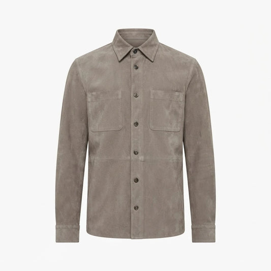 Haven Grey Suede Leather Shirt front view featuring genuine grey suede, point collar, front button placket, and dual chest patch pockets   