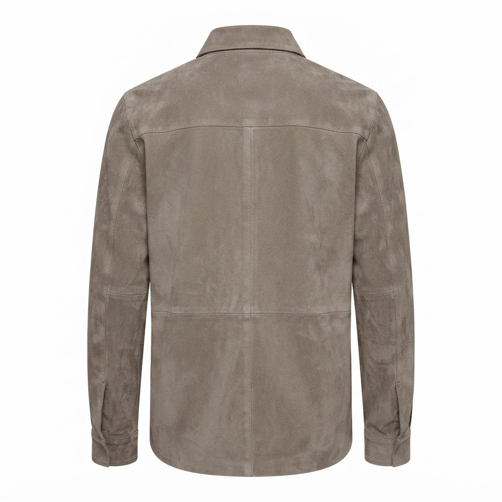 Haven Grey Suede Leather Shirt front view featuring genuine grey suede, point collar, front button placket, and dual chest patch pockets   