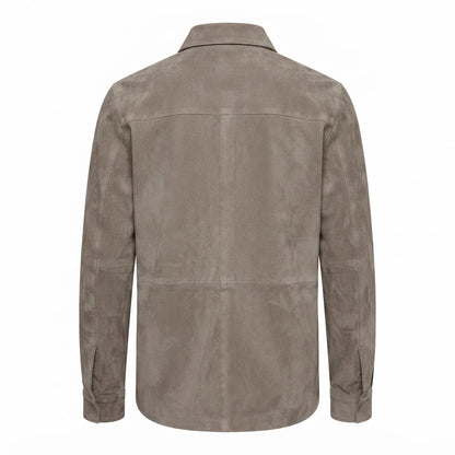 Haven Grey Suede Leather Shirt front view featuring genuine grey suede, point collar, front button placket, and dual chest patch pockets   