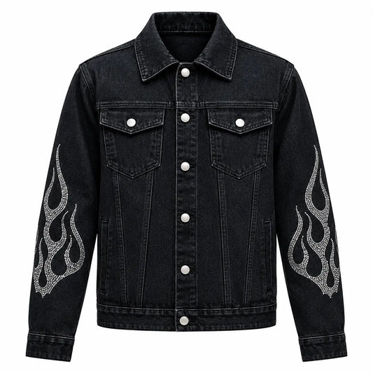 Ice Flame Jeweled Denim Trucker Jacket front view featuring washed black cotton denim, crystal rhinestone sleeve flames, and button front   