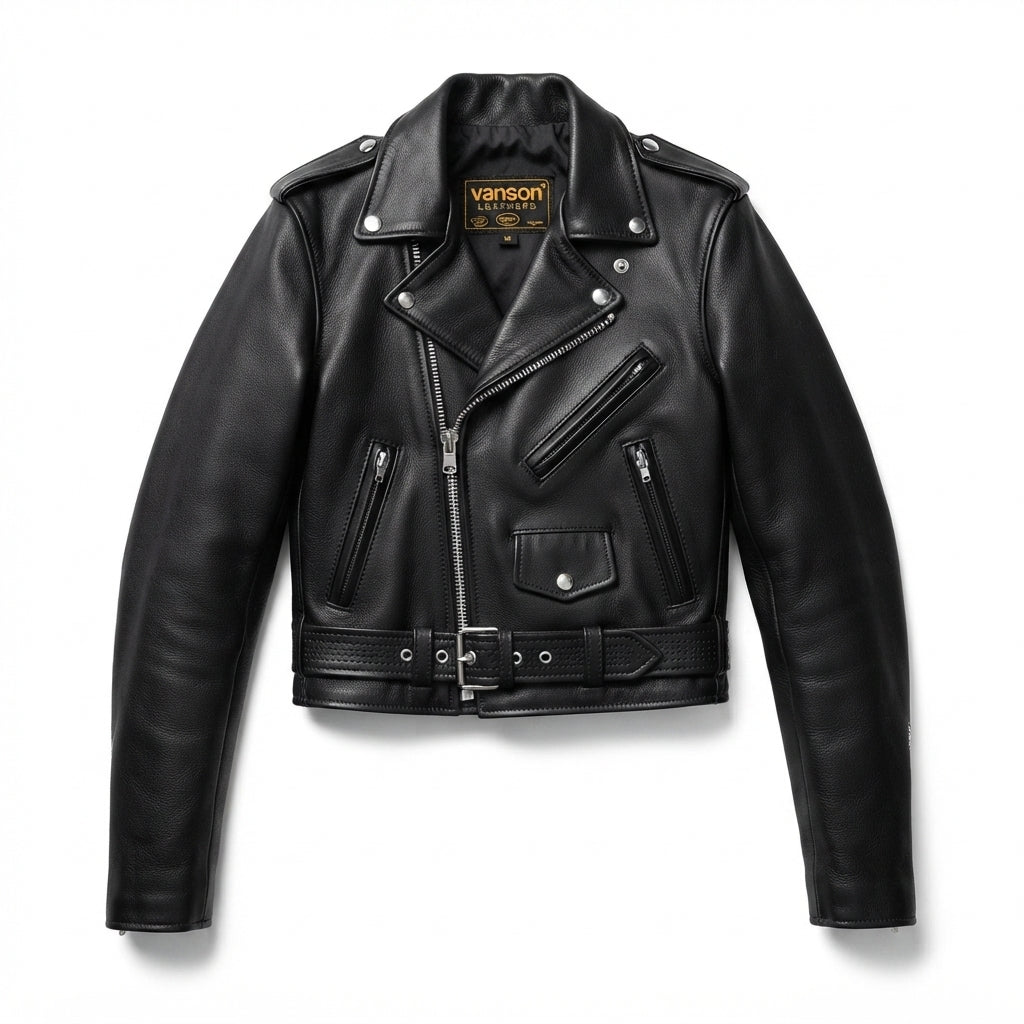 Imogen women's motorcycle leather jacket front view showing asymmetric zipper, waist belt, lapel snaps, and black leather finish.