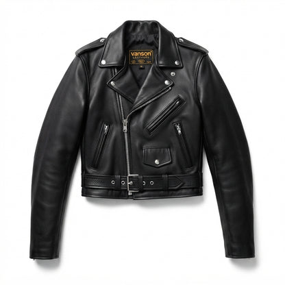 Imogen women's motorcycle leather jacket front view showing asymmetric zipper, waist belt, lapel snaps, and black leather finish.