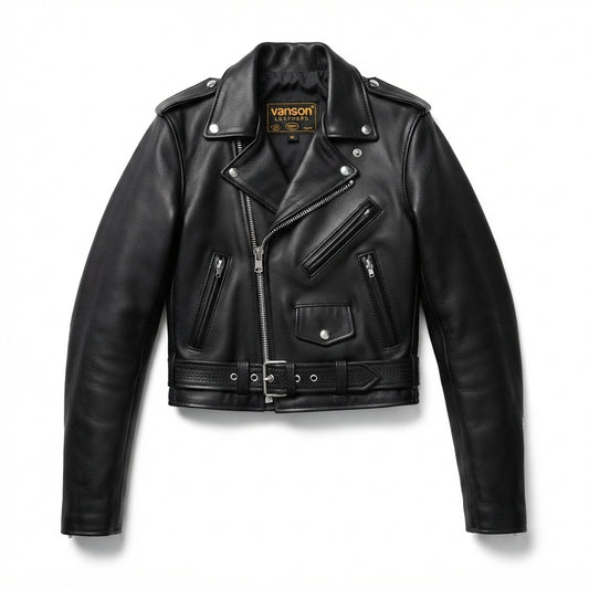Imogen women's motorcycle leather jacket front view showing asymmetric zipper, waist belt, lapel snaps, and black leather finish.