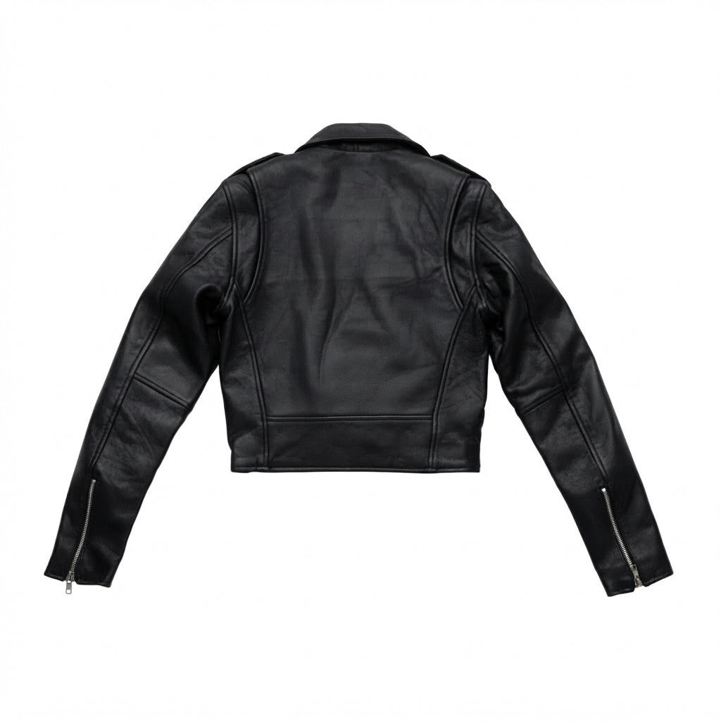 Imogen women's motorcycle leather jacket front view showing asymmetric zipper, waist belt, lapel snaps, and black leather finish.