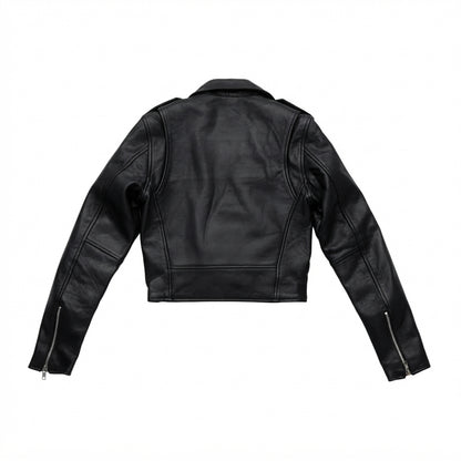 Imogen women's motorcycle leather jacket front view showing asymmetric zipper, waist belt, lapel snaps, and black leather finish.