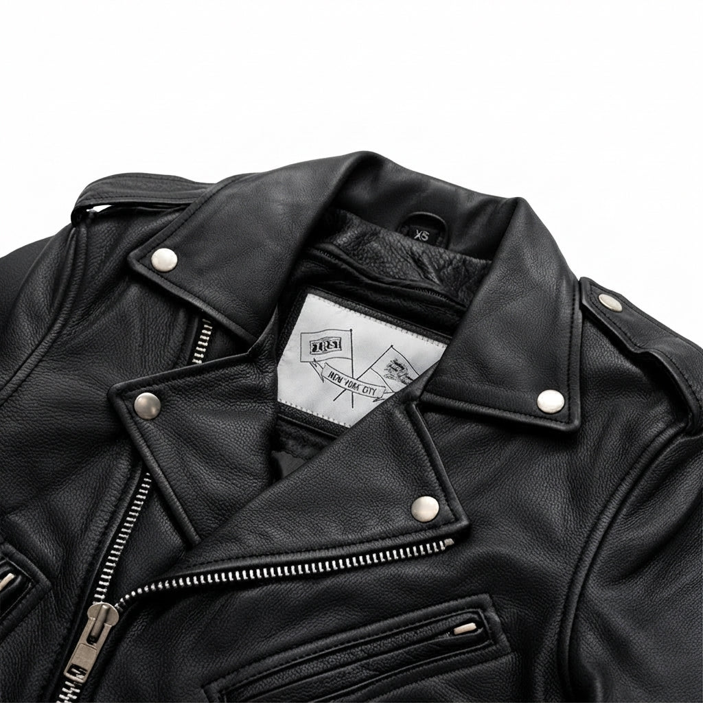 Imogen women's motorcycle leather jacket front view showing asymmetric zipper, waist belt, lapel snaps, and black leather finish.