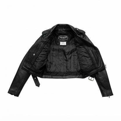 Imogen women's motorcycle leather jacket front view showing asymmetric zipper, waist belt, lapel snaps, and black leather finish.