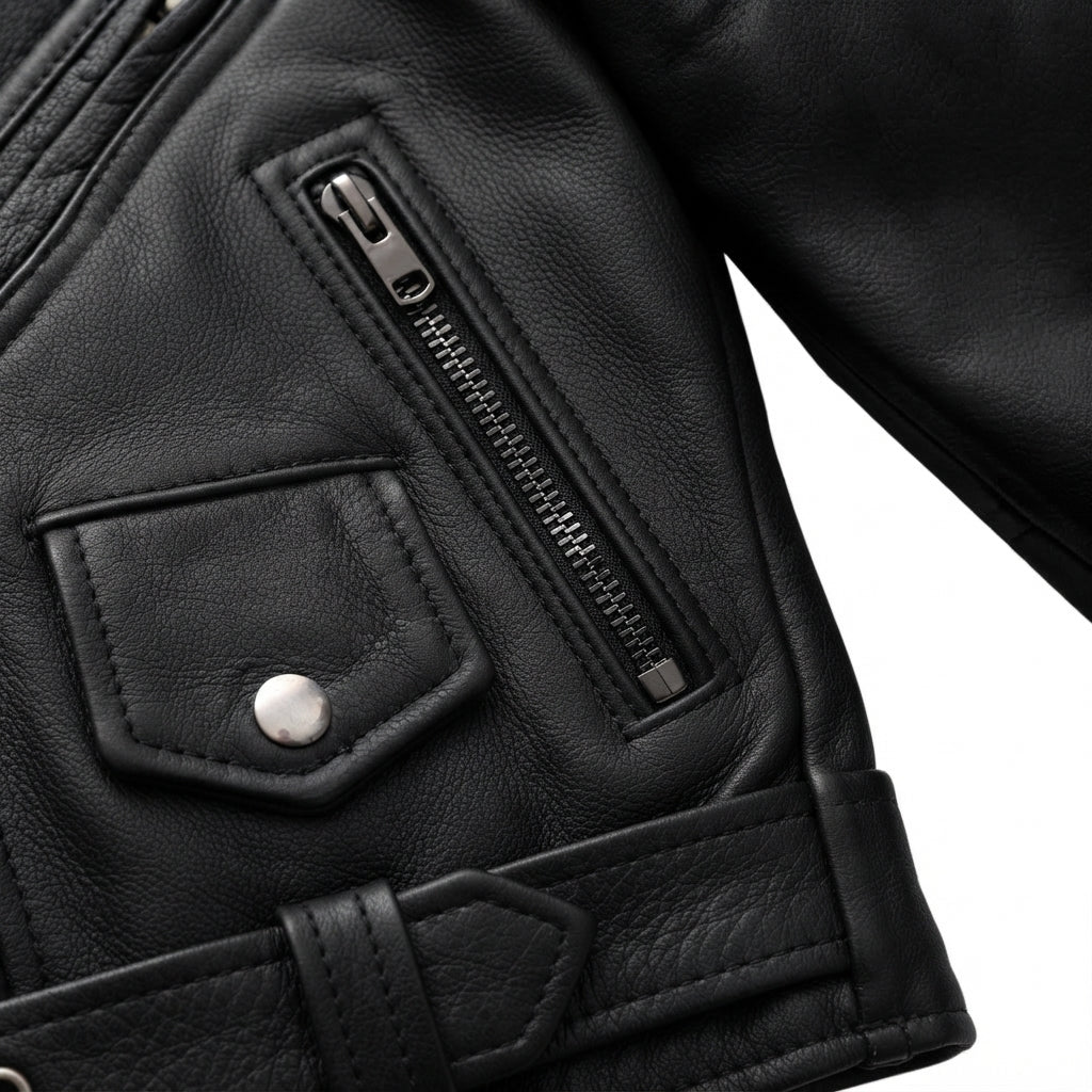 Imogen women's motorcycle leather jacket front view showing asymmetric zipper, waist belt, lapel snaps, and black leather finish.