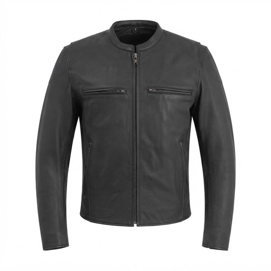 Indy Men’s Motorcycle Leather Jacket front view featuring mandarin collar, minimalist chest paneling, and central metal zipper