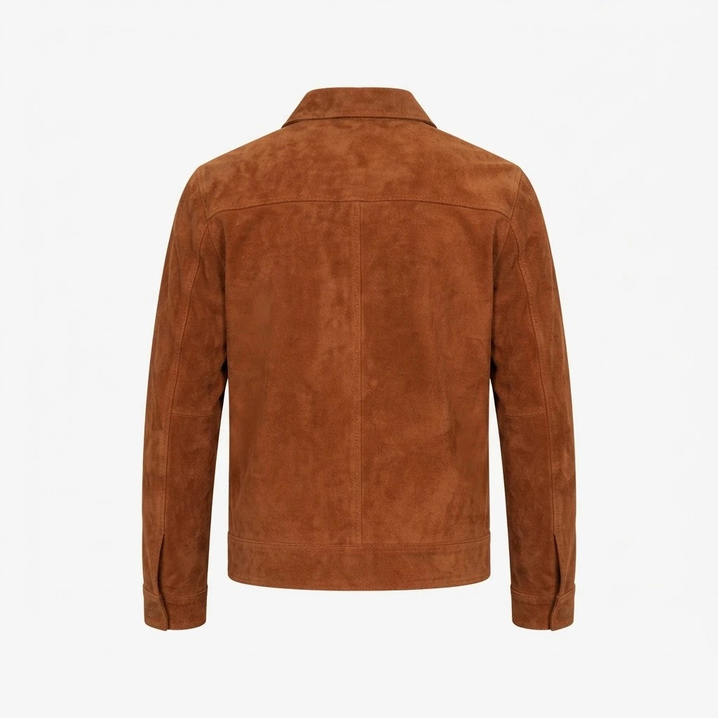 Inferno Brown Suede Leather Jacket front view featuring genuine brown suede, point collar, two-way full zipper, and welt pockets 