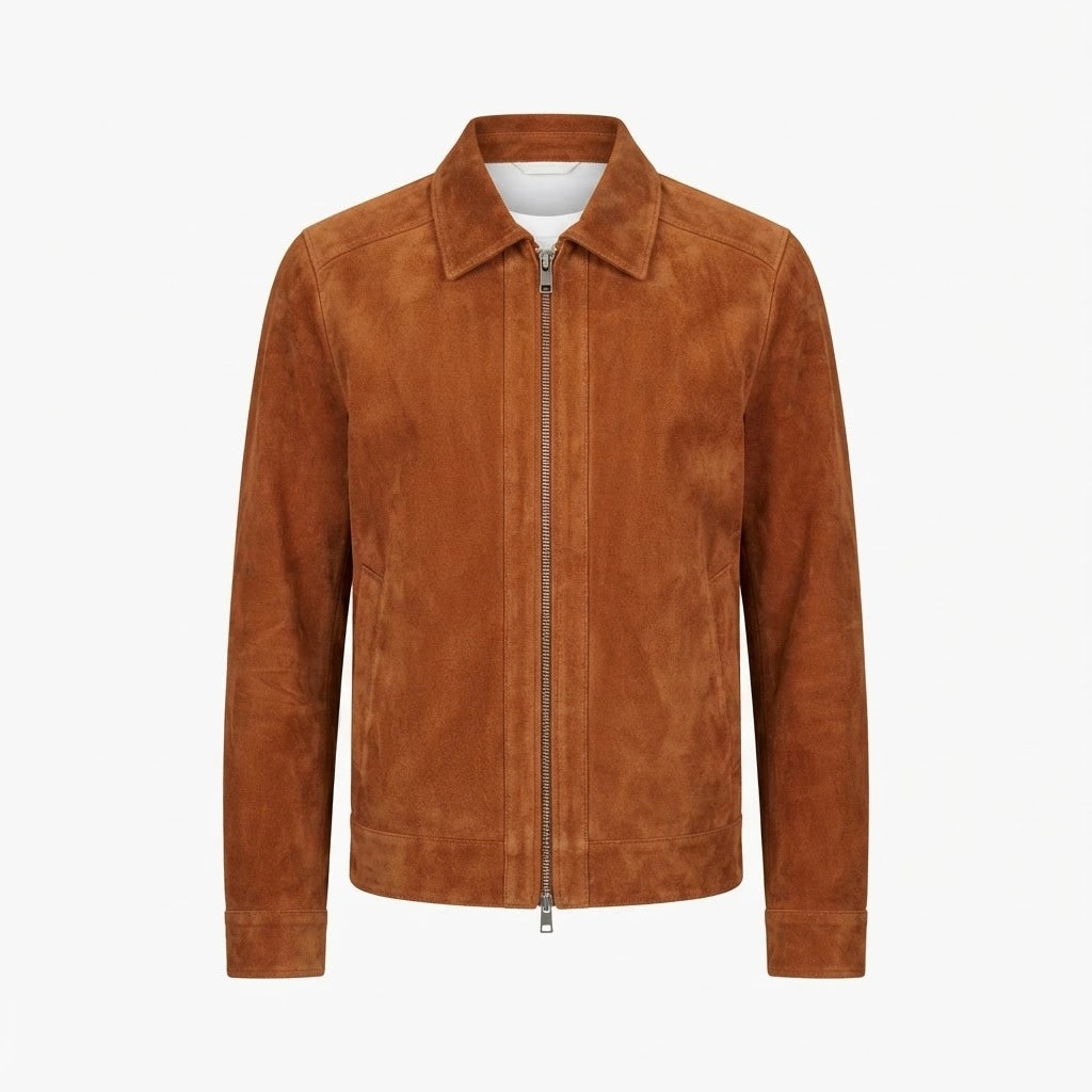 Inferno Brown Suede Leather Jacket front view featuring genuine brown suede, point collar, two-way full zipper, and welt pockets   