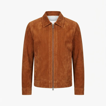 Inferno Brown Suede Leather Jacket front view featuring genuine brown suede, point collar, two-way full zipper, and welt pockets   