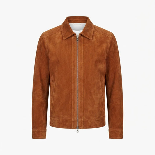 Inferno Brown Suede Leather Jacket front view featuring genuine brown suede, point collar, two-way full zipper, and welt pockets   
