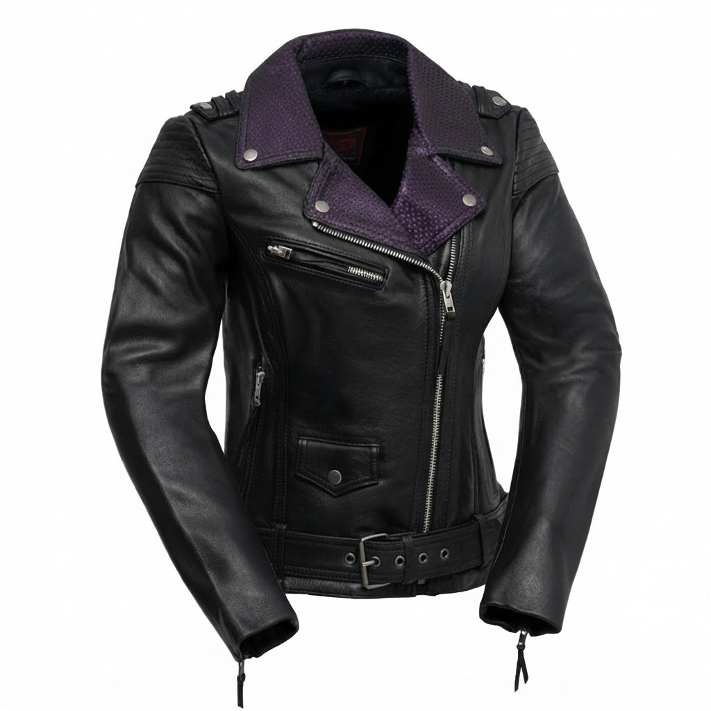 Iris women's motorcycle leather jacket front view showing purple contrast lapels, asymmetric zipper, waist belt, and black leather finish.
