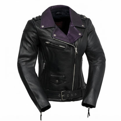 Iris women's motorcycle leather jacket front view showing purple contrast lapels, asymmetric zipper, waist belt, and black leather finish.