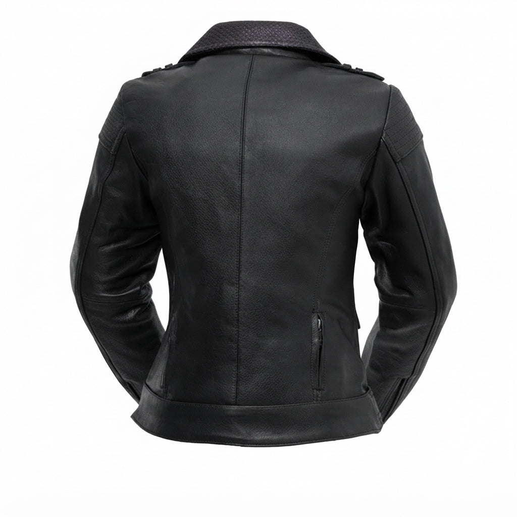 Iris women's motorcycle leather jacket front view showing purple contrast lapels, asymmetric zipper, waist belt, and black leather finish.