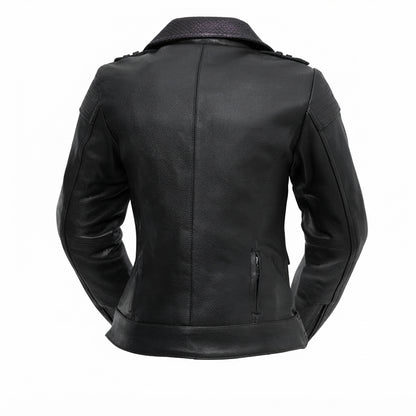 Iris women's motorcycle leather jacket front view showing purple contrast lapels, asymmetric zipper, waist belt, and black leather finish.