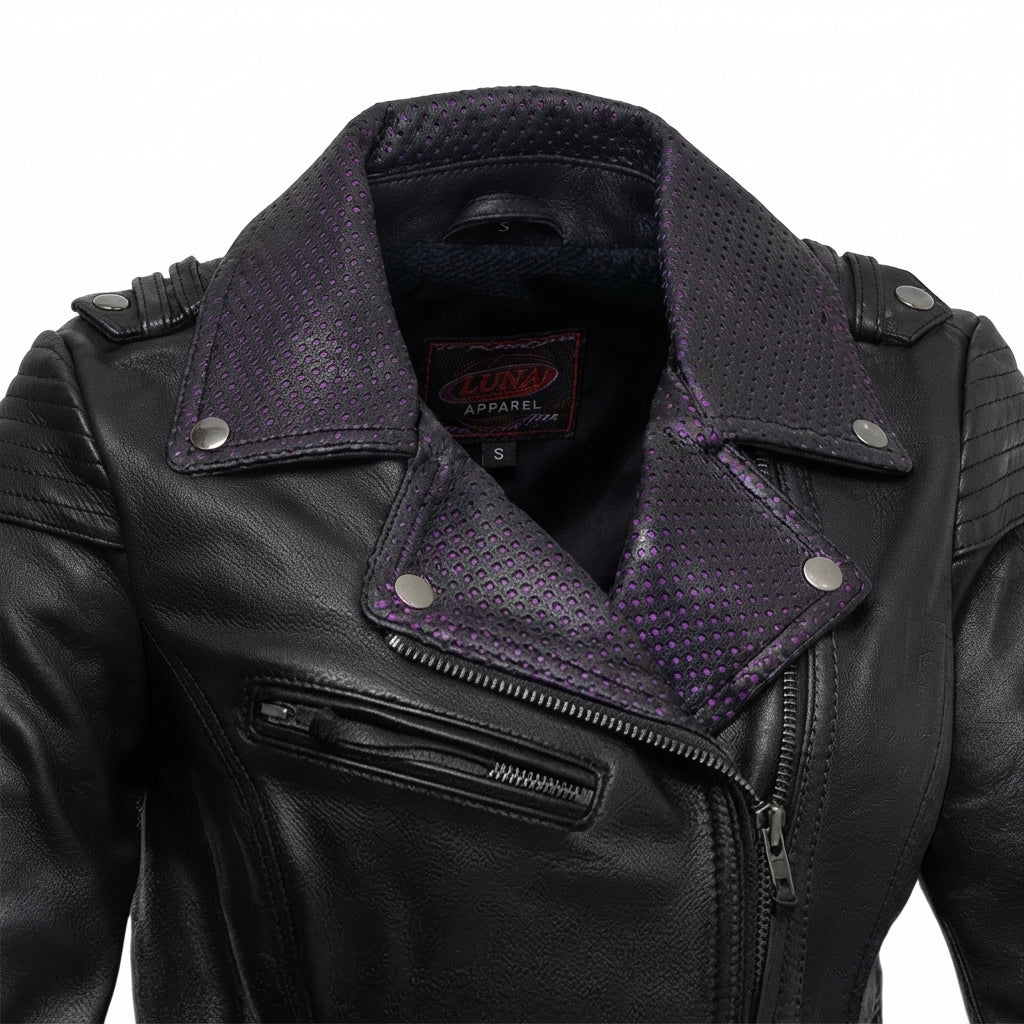 Iris women's motorcycle leather jacket front view showing purple contrast lapels, asymmetric zipper, waist belt, and black leather finish.
