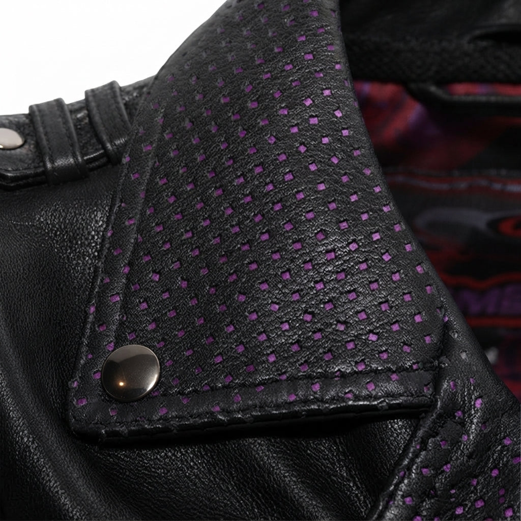 Iris women's motorcycle leather jacket front view showing purple contrast lapels, asymmetric zipper, waist belt, and black leather finish.