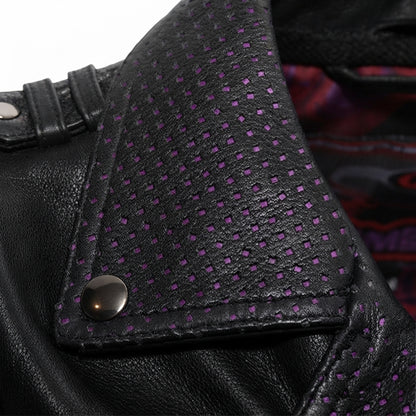 Iris women's motorcycle leather jacket front view showing purple contrast lapels, asymmetric zipper, waist belt, and black leather finish.