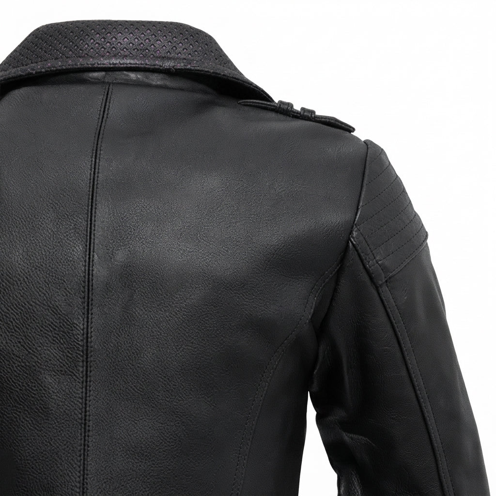 Iris women's motorcycle leather jacket front view showing purple contrast lapels, asymmetric zipper, waist belt, and black leather finish.
