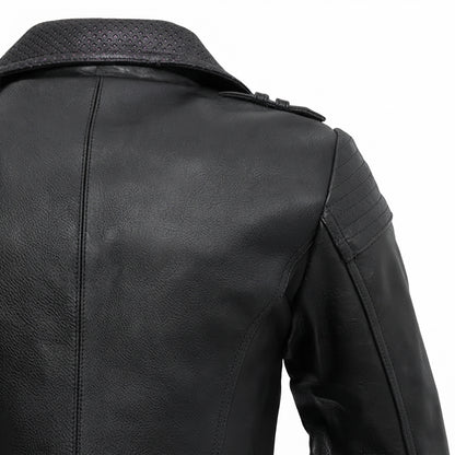 Iris women's motorcycle leather jacket front view showing purple contrast lapels, asymmetric zipper, waist belt, and black leather finish.