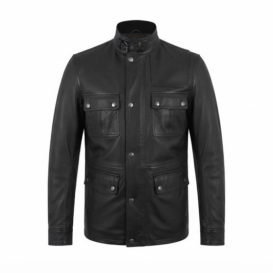 Jack Bauer 24: Live Another Day Black Leather Jacket front view featuring black genuine leather, mandarin collar, and four utility flap pockets